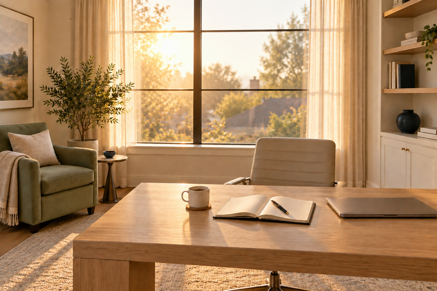A quiet home office in morning light — wooden desk with an open notebook, mug and laptop, a sage armchair beside a window onto the trees