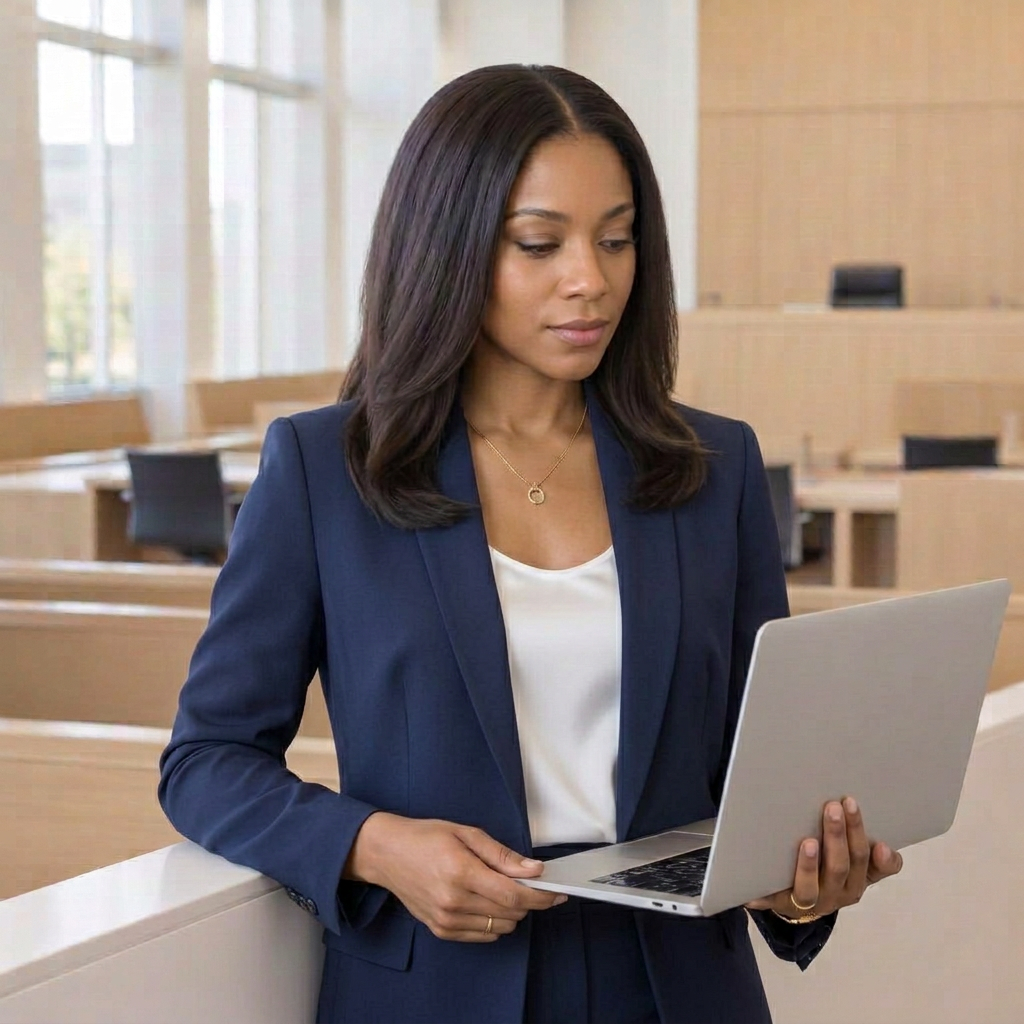 Legal professional in a modern courtroom