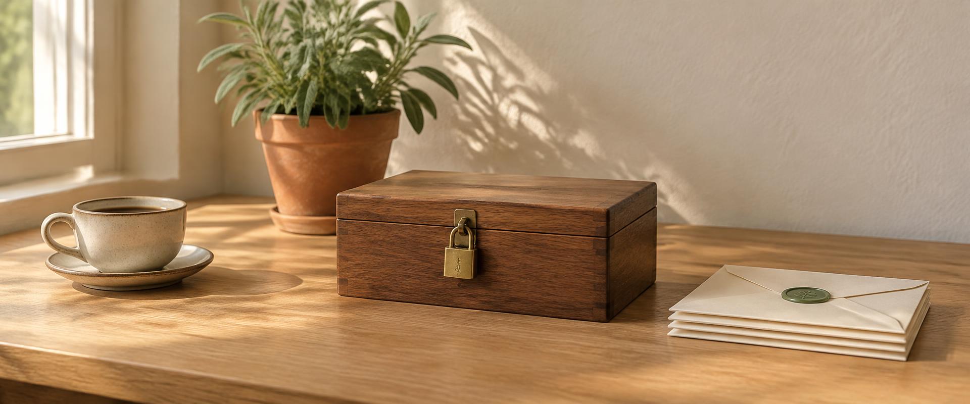 A sunlit wooden desk: a closed wooden box secured with a brass padlock beside a small stack of sealed cream envelopes, a cup of coffee, and a sage plant in a terracotta pot